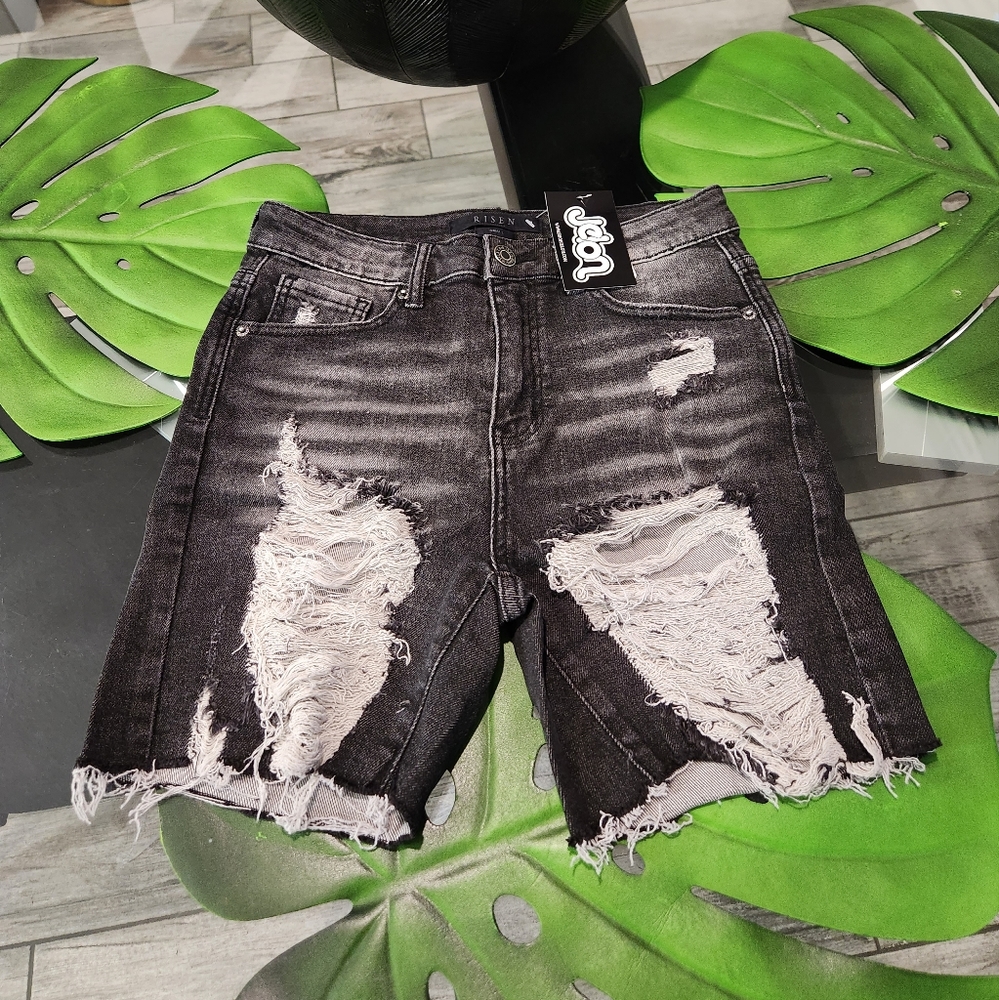 Blk Distress Jean Shorts